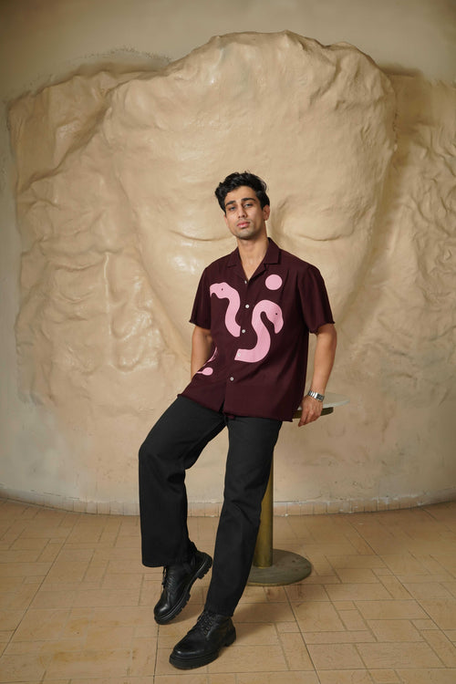 Burgundy Cuban Collar Shirt with Flamingo Print