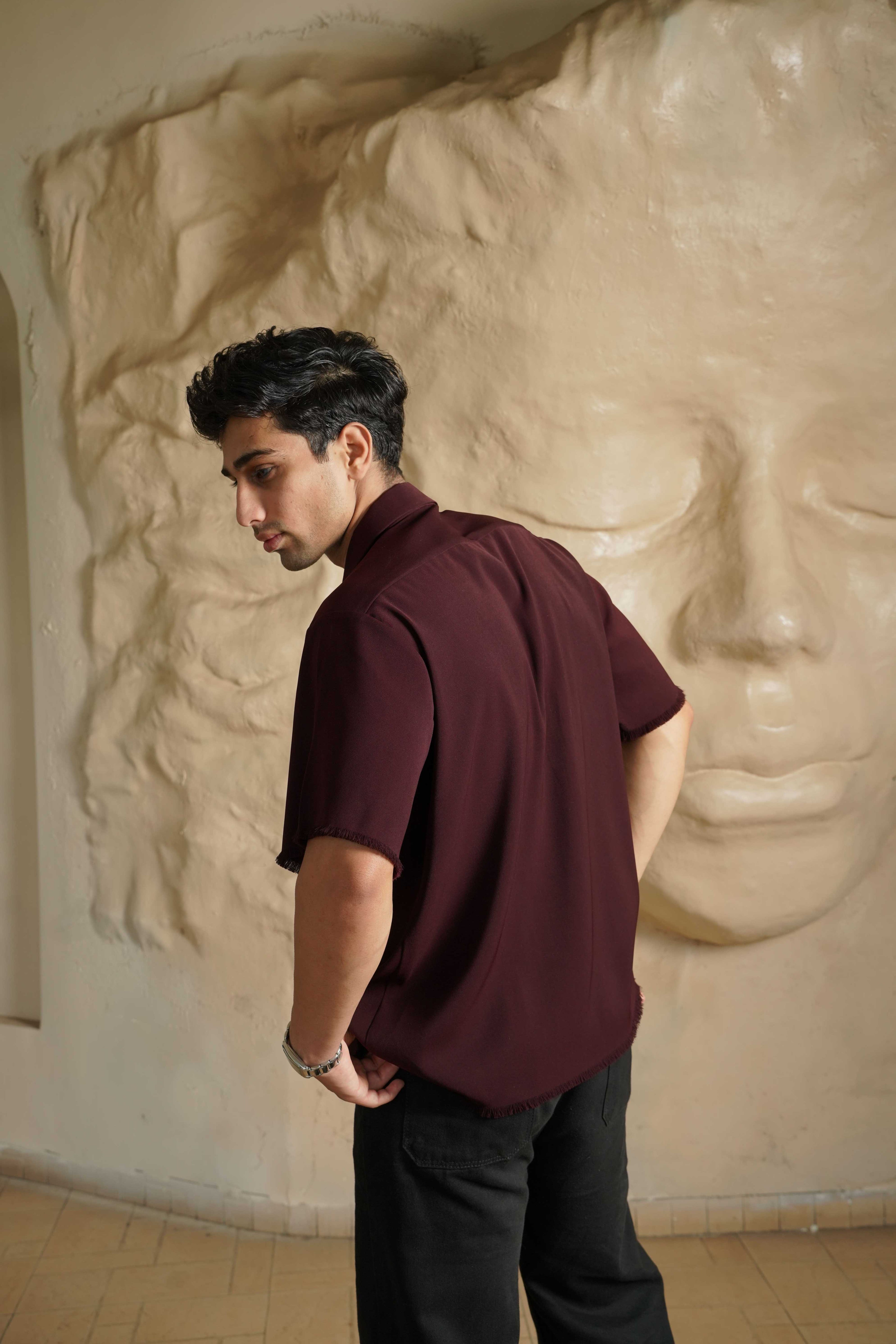 Burgundy Cuban Collar Shirt with Flamingo Print