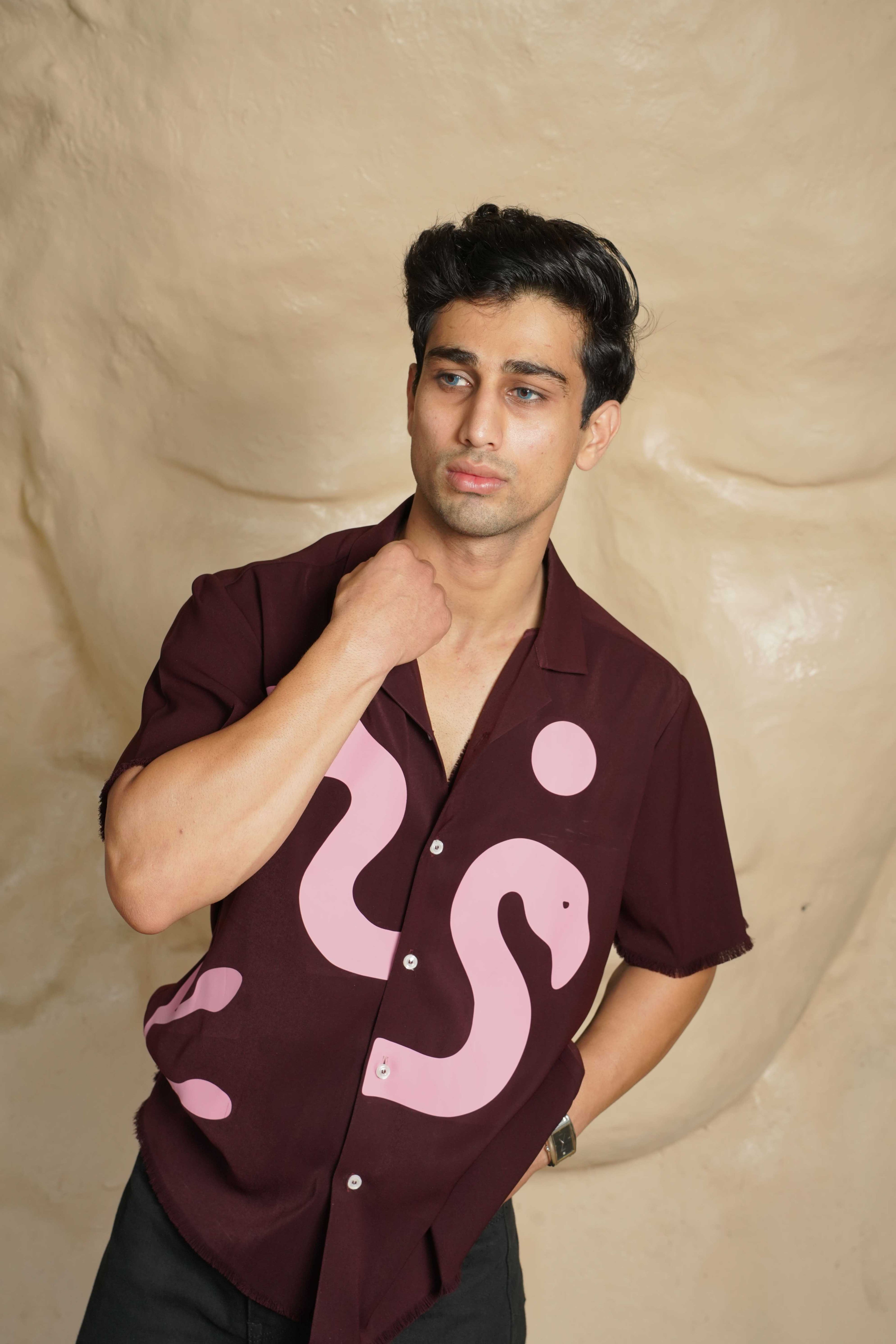Burgundy Cuban Collar Shirt with Flamingo Print
