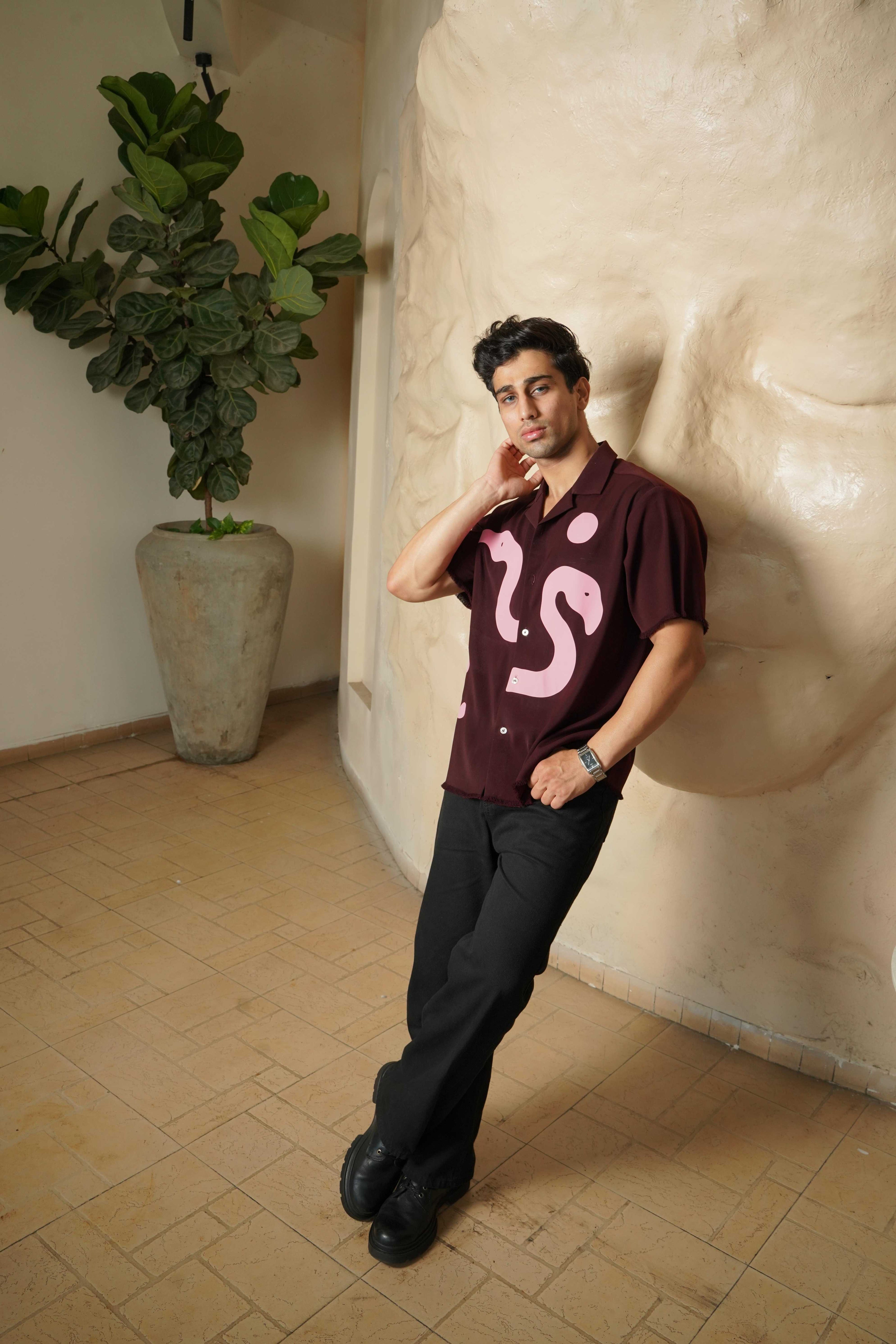 Burgundy Cuban Collar Shirt with Flamingo Print