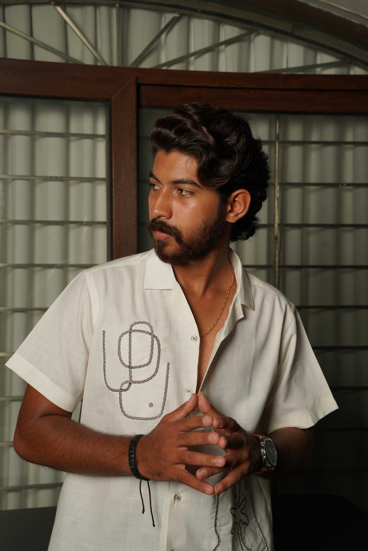 Hand-Embroidered Relaxed Fit Cuban Collar Shirt – Ivory