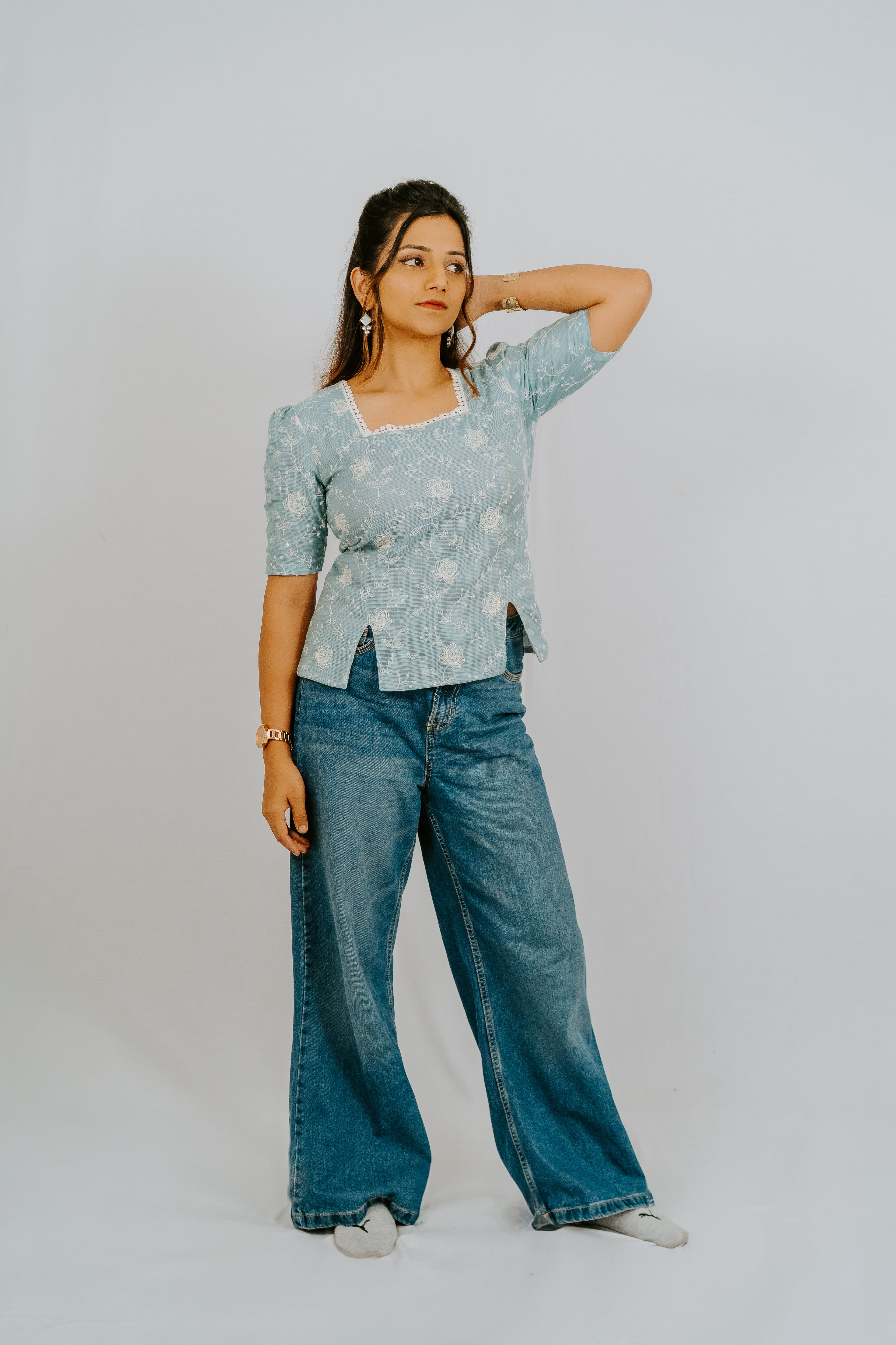 Blue Floral Tie-Back Top with Square Neck