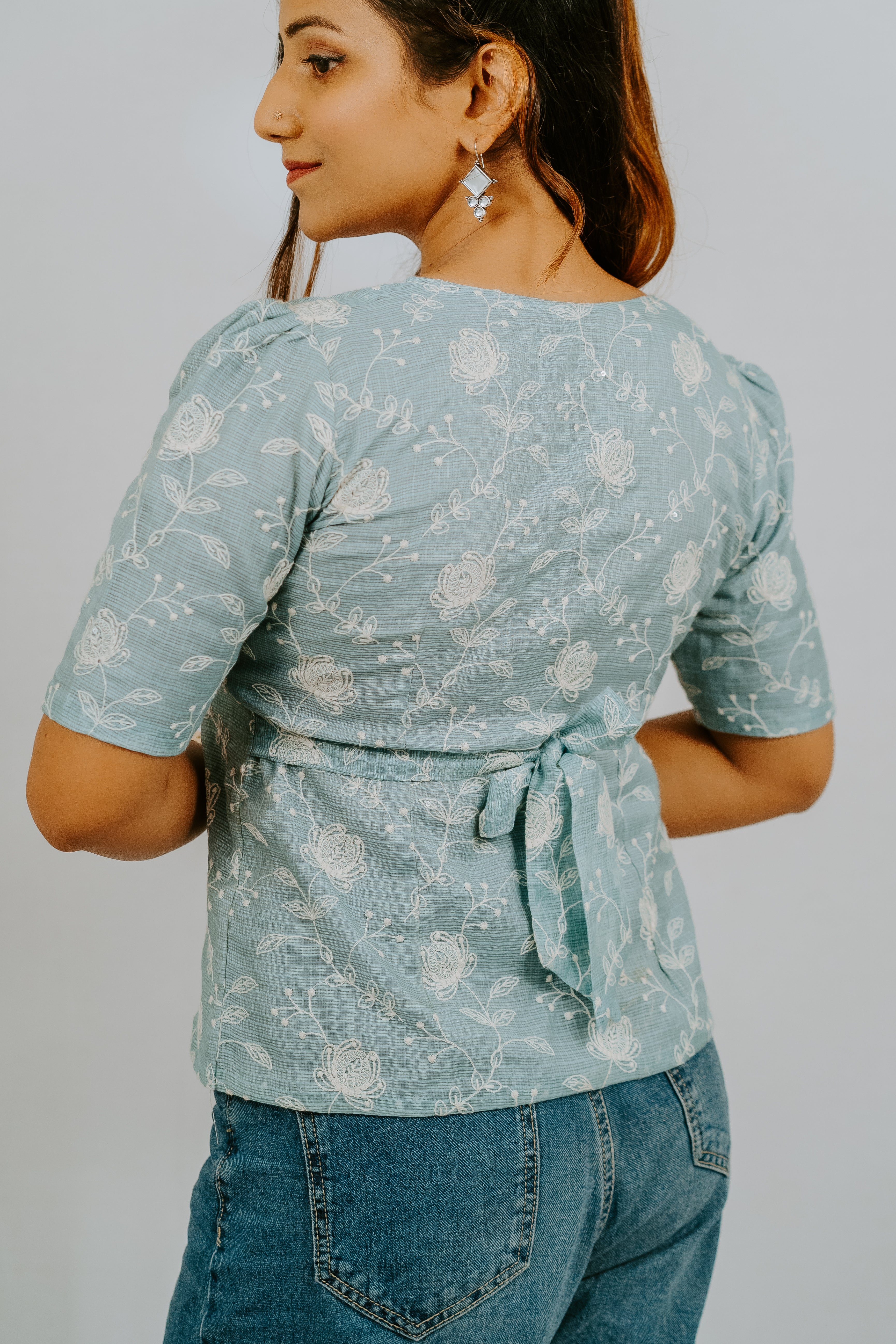 Blue Floral Tie-Back Top with Square Neck