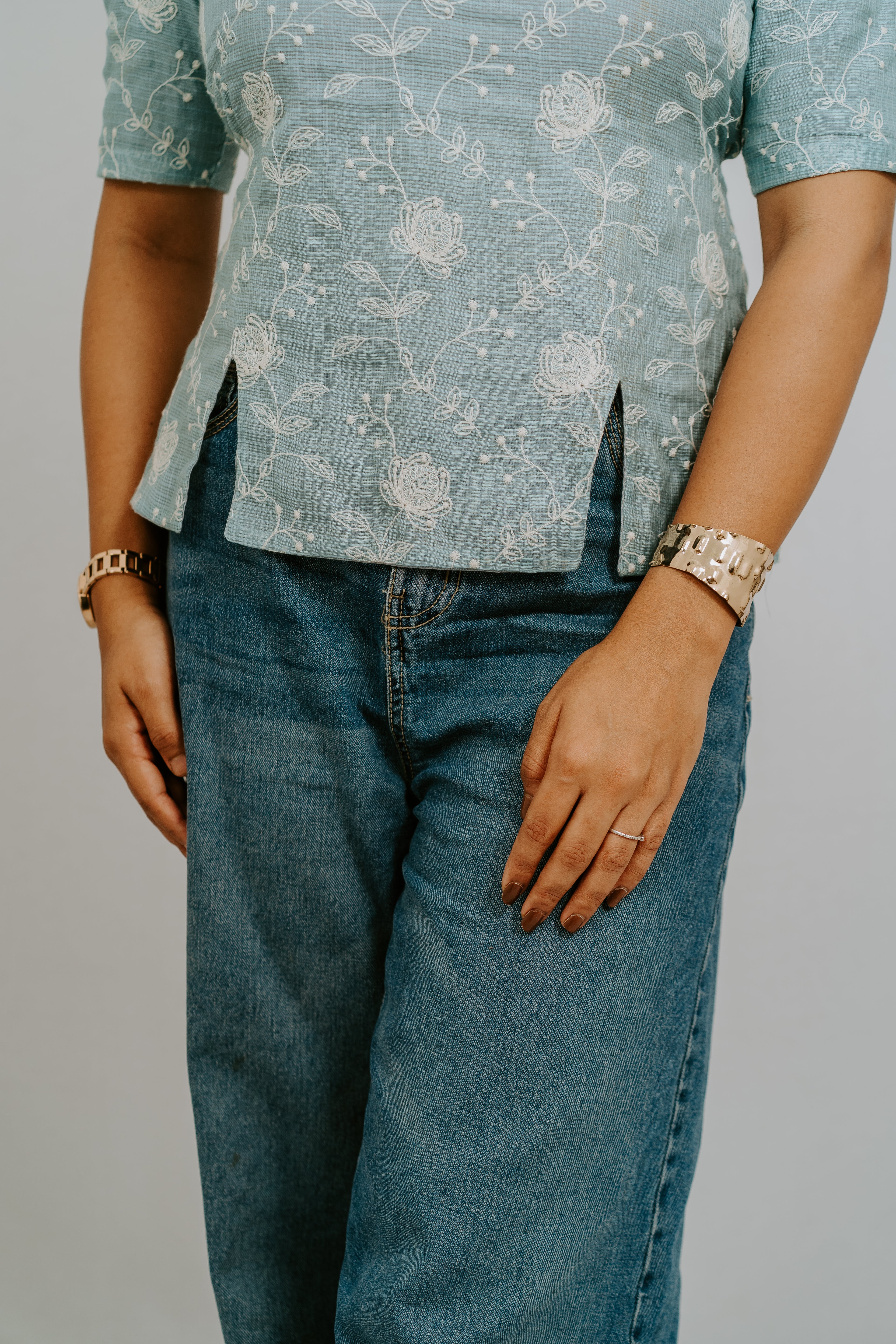 Blue Floral Tie-Back Top with Square Neck