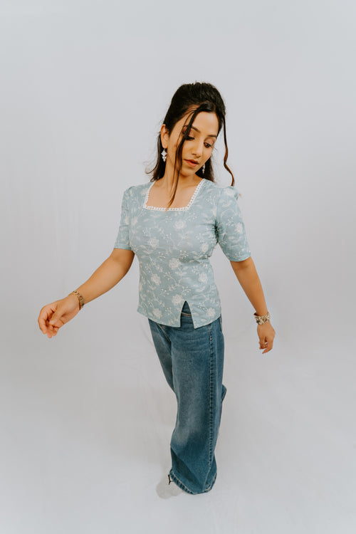 Blue Floral Tie-Back Top with Square Neck