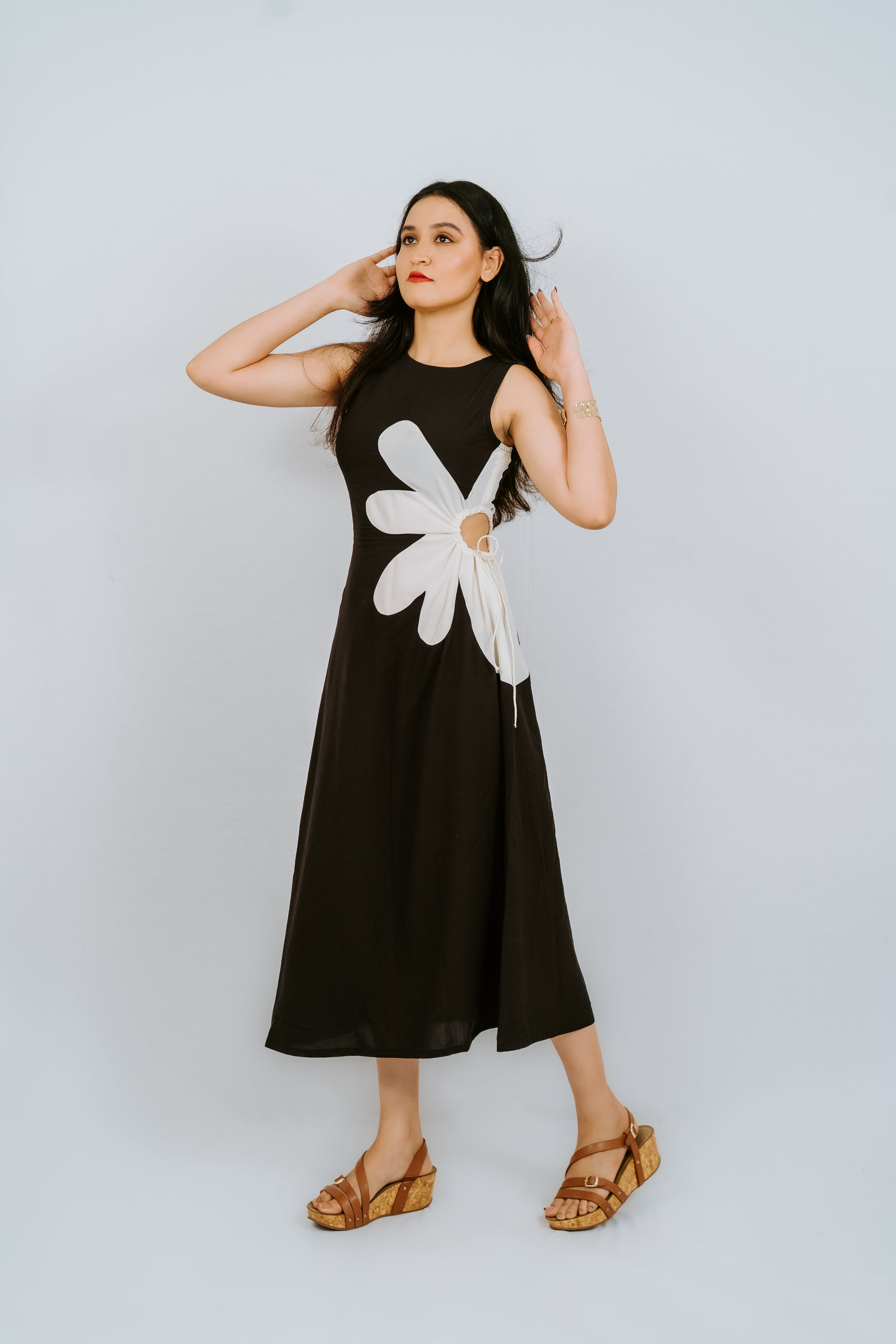Black Sleeveless Midi Dress with Abstract Flower Applique