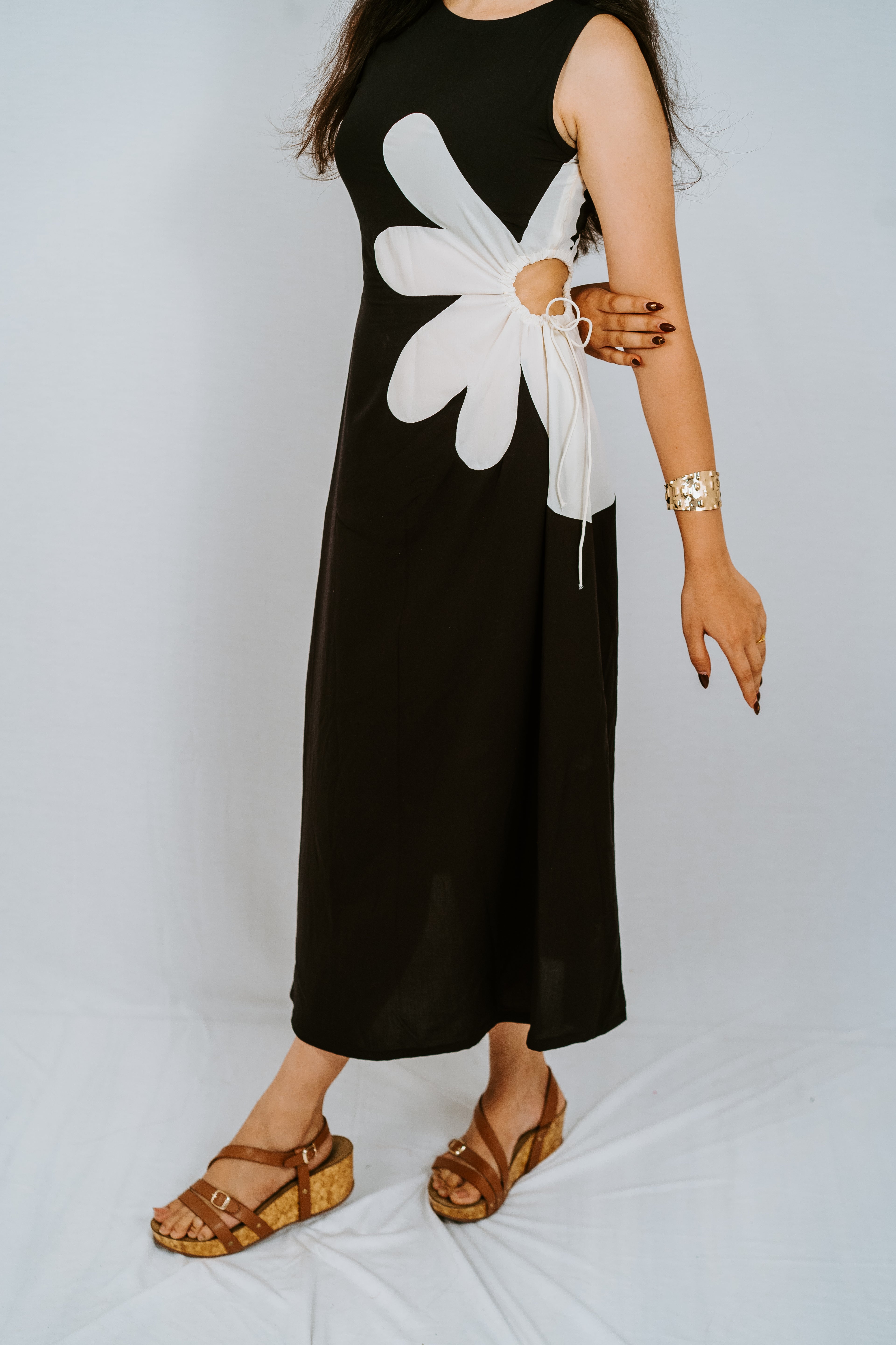 Black Sleeveless Midi Dress with Abstract Flower Applique