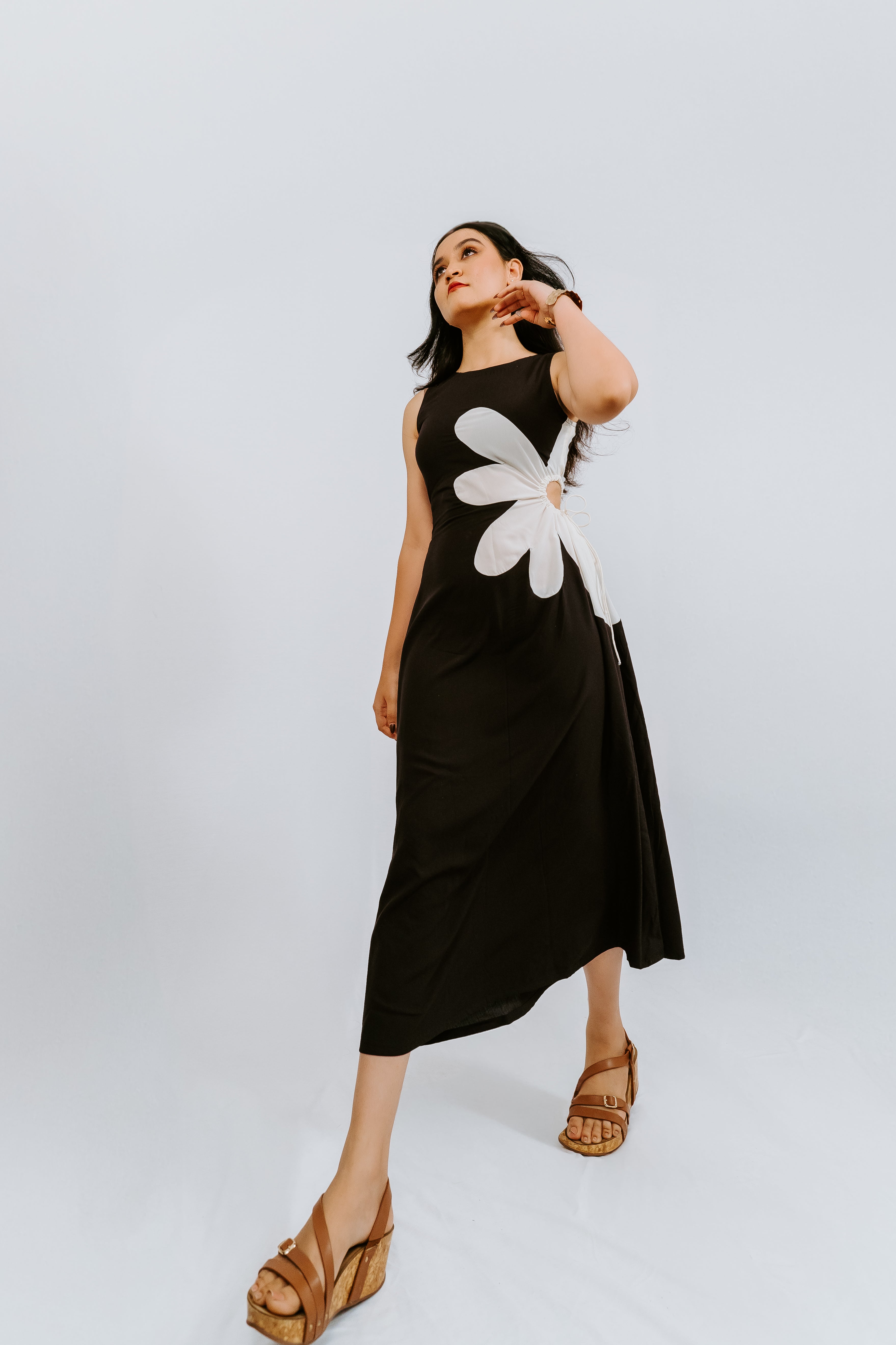 Black Sleeveless Midi Dress with Abstract Flower Applique