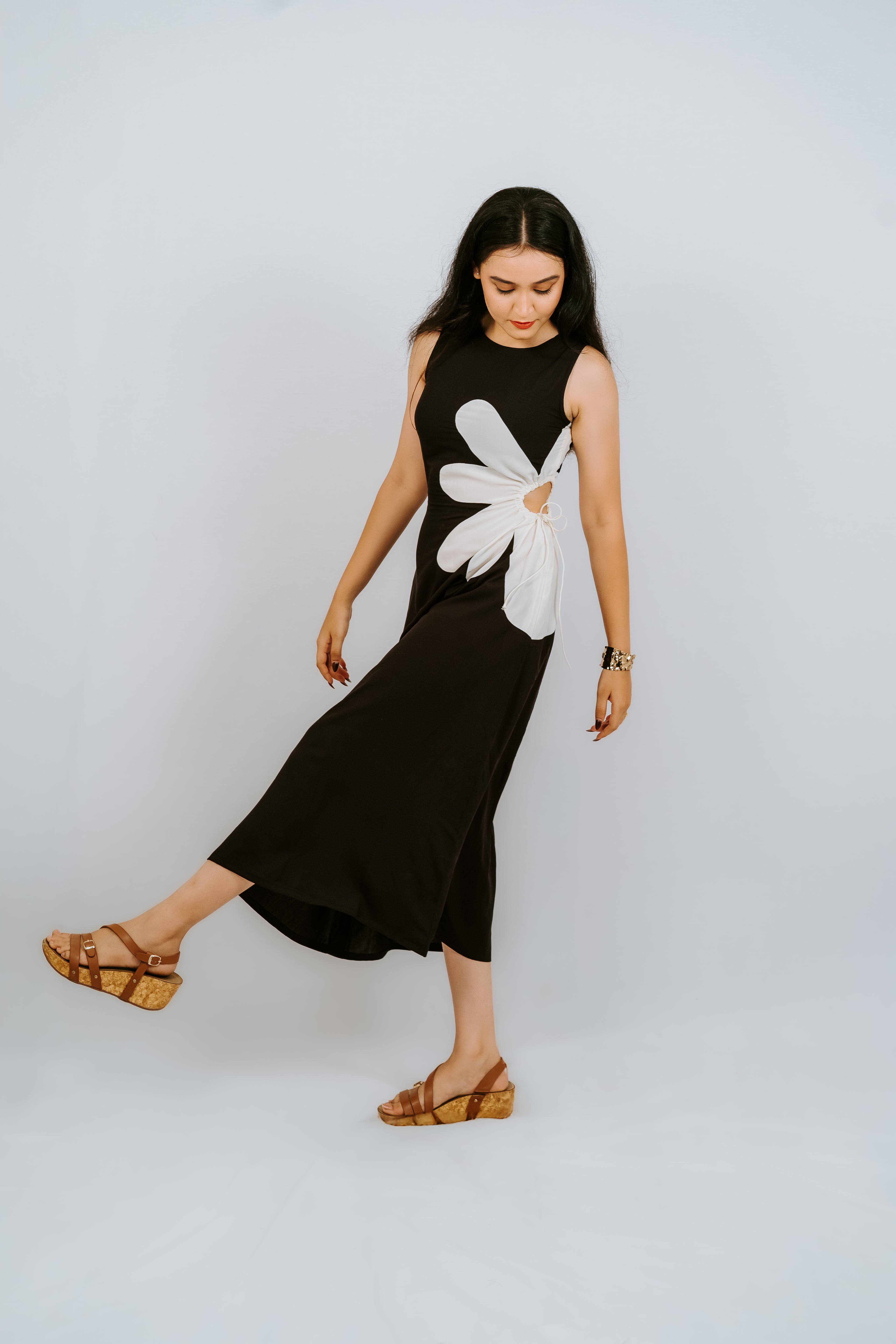 Black Sleeveless Midi Dress with Abstract Flower Applique