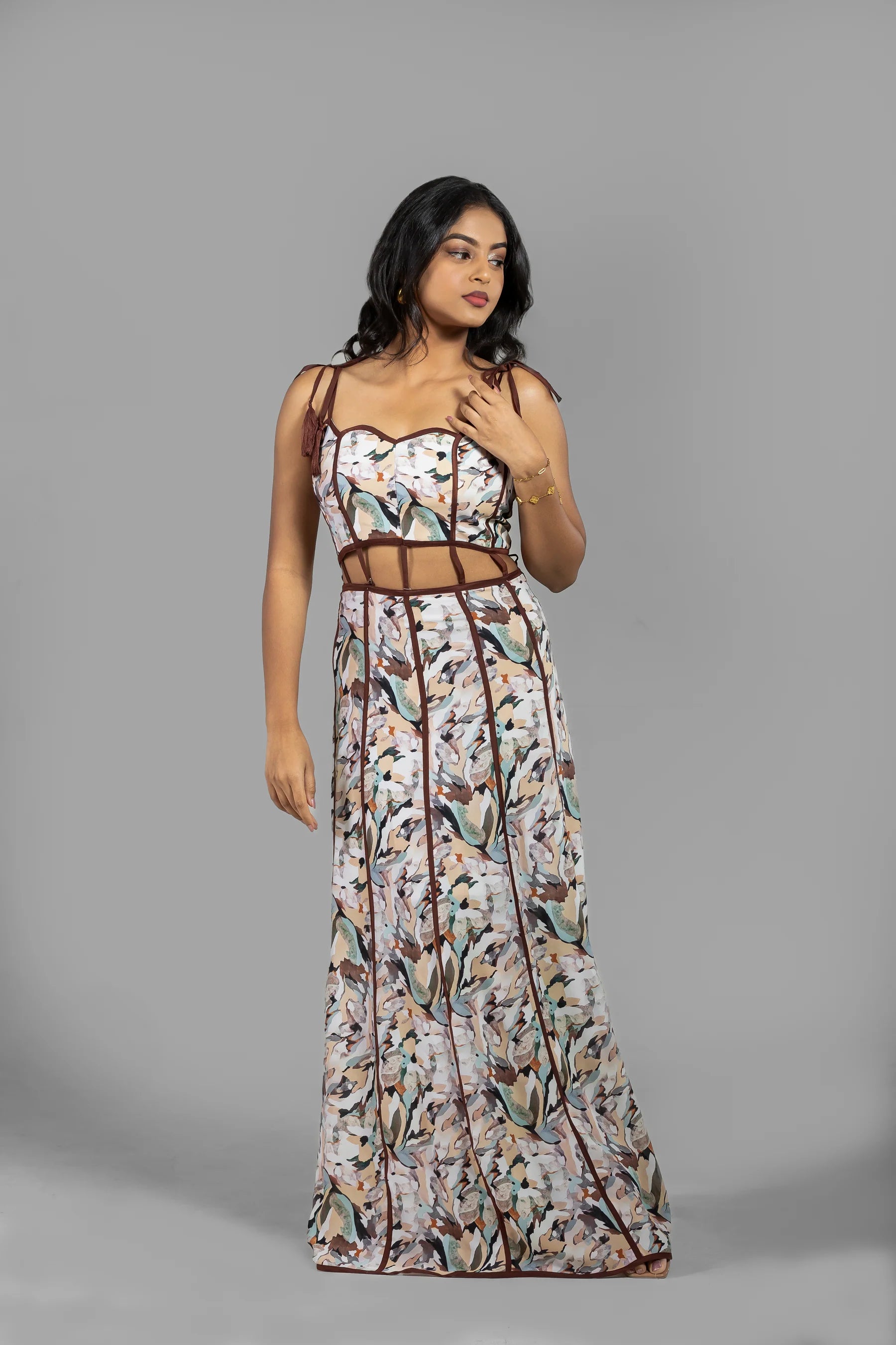 Floral Printed Cut-Out Maxi Dress with Shoulder Tie Detailing