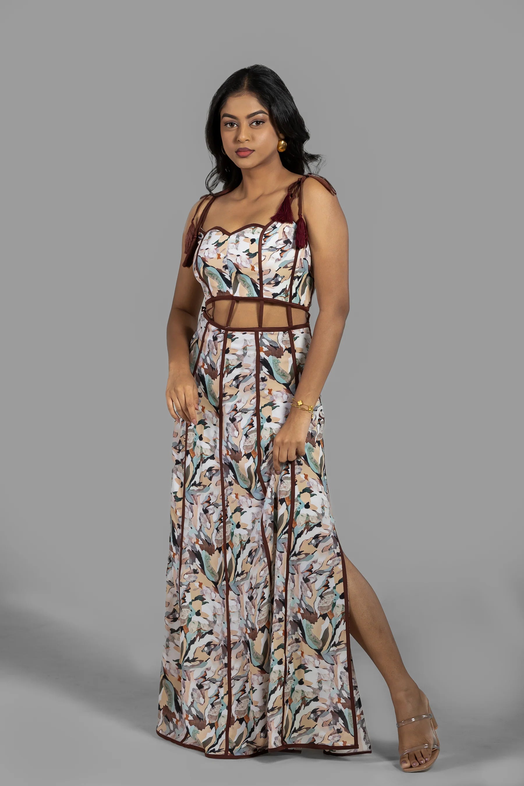 Floral Printed Cut-Out Maxi Dress with Shoulder Tie Detailing